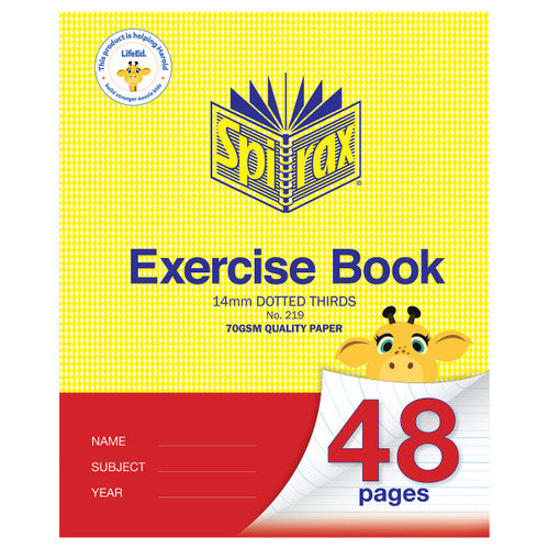 Spirax 219 exercise book with a yellow cover and red band, marked 14mm dotted thirds and 70gsm quality paper, 48 pages and a cartoon giraffe