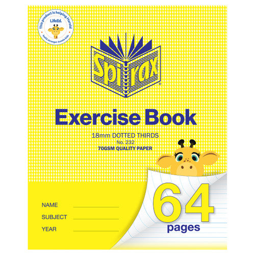 Spirax 232 exercise book with a yellow cover and yellow lower band, marked 18mm dotted thirds and 70gsm quality paper, with 64 pages and a giraffe