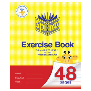 Spirax 246 exercise book cover in yellow with a red band, marked 24mm ruled Year 1 and 70gsm quality paper, a cartoon giraffe and 48 pages