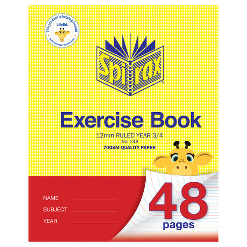 Spirax 248 exercise book with a yellow cover and red lower band, marked 12mm ruled Year 3/4 and 70gsm quality paper, with a giraffe and a red 48 pages curl