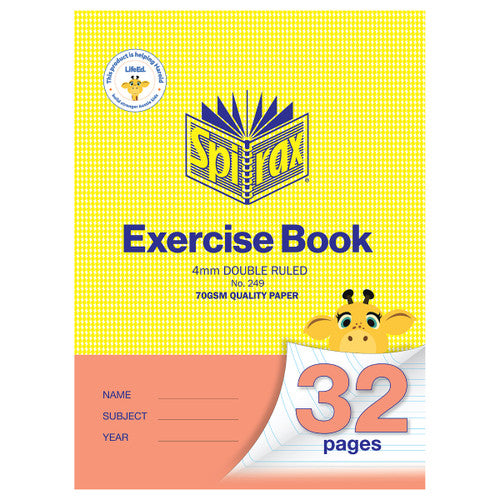 Spirax 249 exercise book with a yellow cover and salmon pink band, marked 4mm double ruled and 70gsm quality paper, 32 pages and a cartoon giraffe