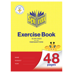 Spirax 255 exercise book cover in yellow with a red band, printed blank pages and 70gsm quality paper, a cartoon giraffe and a red 48 pages corner