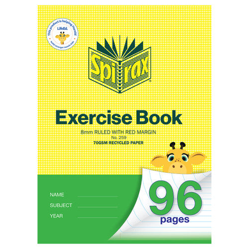 Spirax 259 A4 exercise book cover in yellow with a green band, printed 8mm ruled with red margin, and a giraffe over the green 96 pages corner