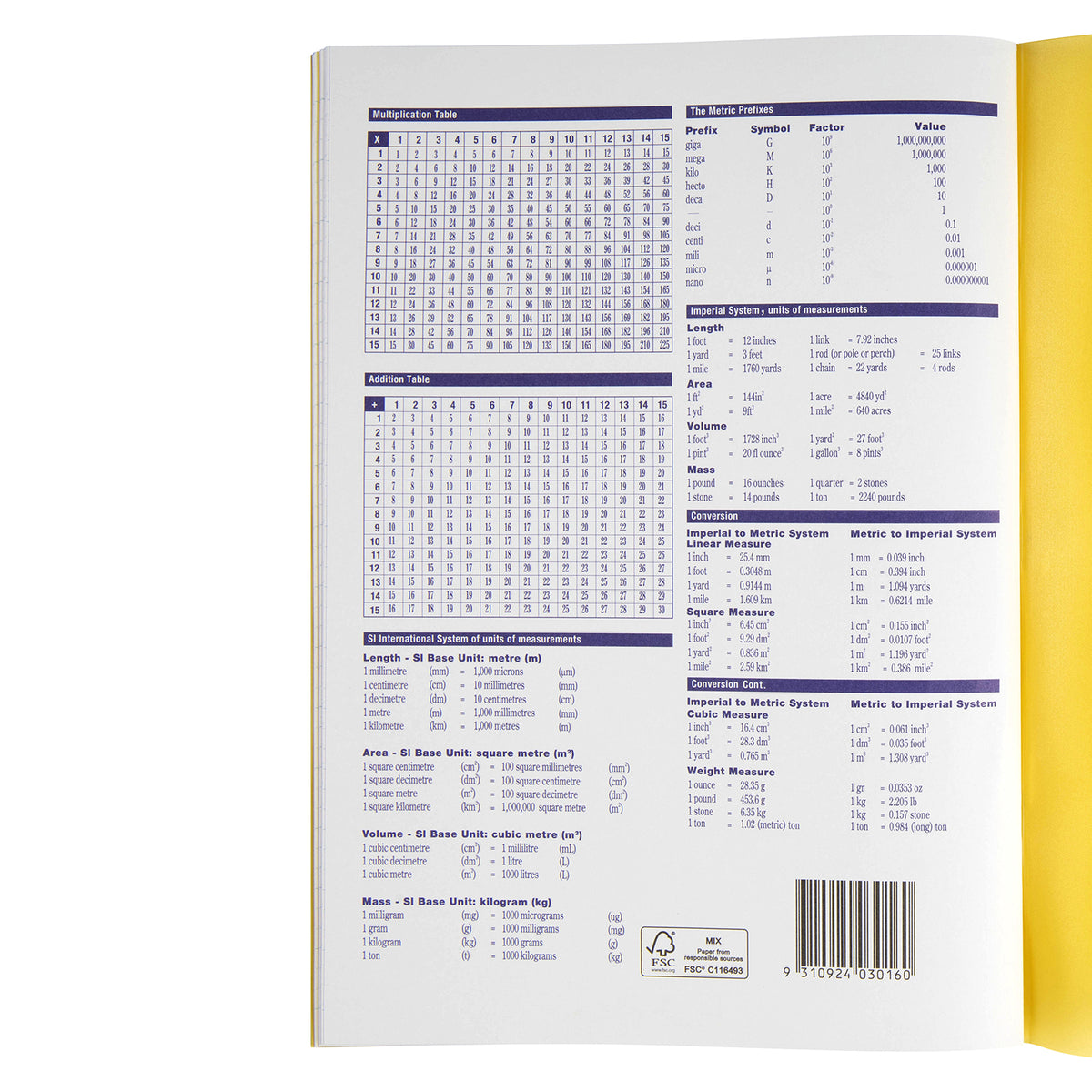 Inside back cover of the Spirax P116 exercise book with multiplication and addition tables, measurement conversion tables and a barcode