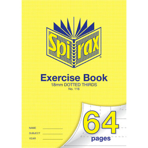 Spirax 116 A4 exercise book with a yellow houndstooth cover marked 18mm dotted thirds, 64 pages shown on a page curl with dashed guides