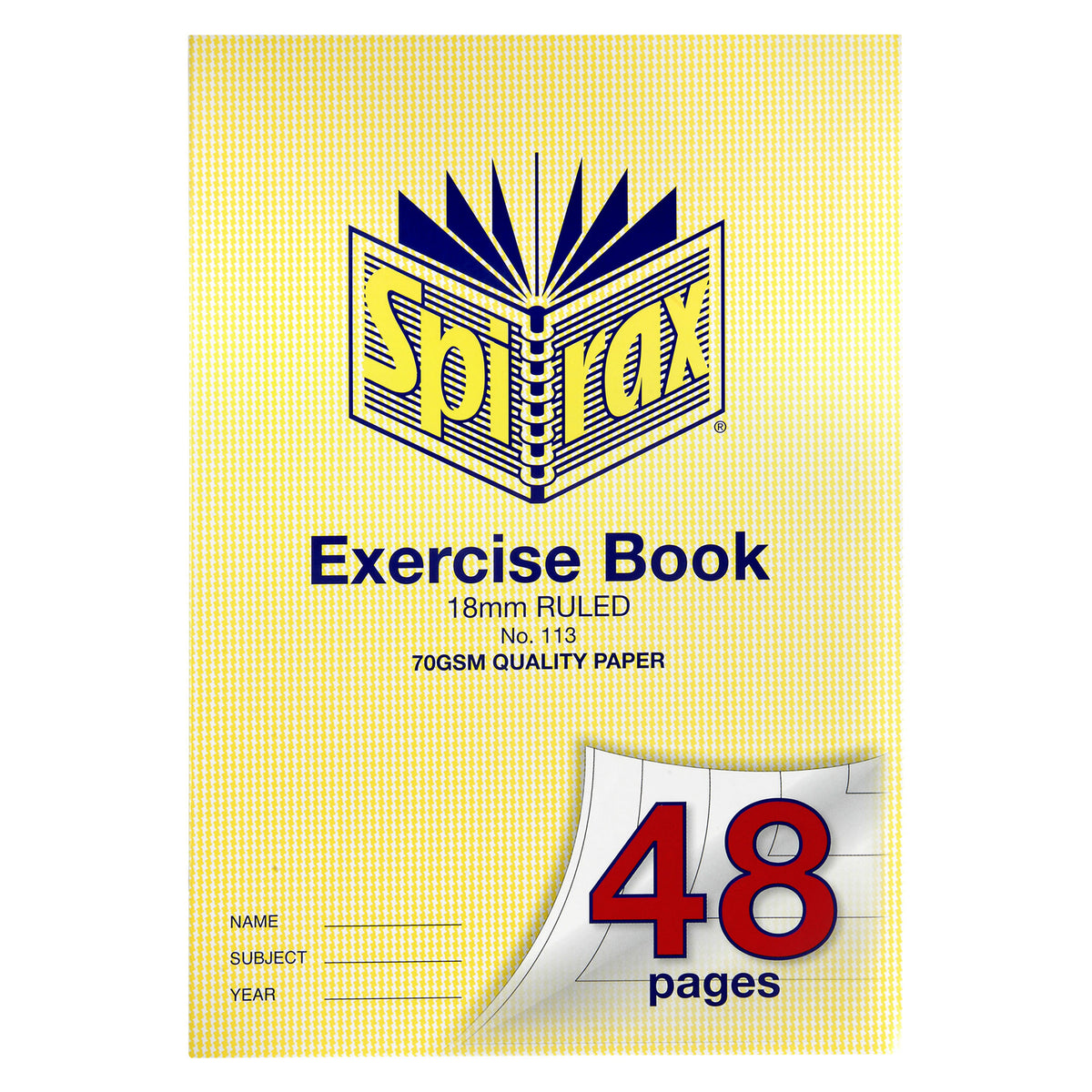 Spirax 113 A4 exercise book with a yellow cover printed 18mm ruled and 70gsm quality paper, 48 pages on the turned corner