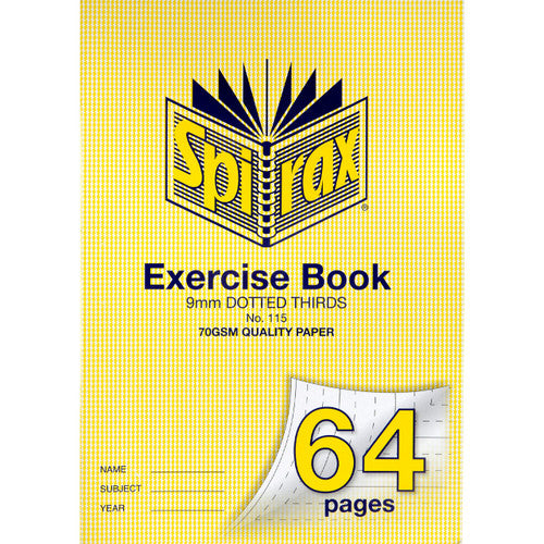 Spirax A4 64-page exercise book with 9mm dotted thirds ruling, staple bound, shown from front cover