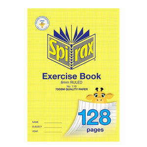Spirax 110 A4 exercise book, yellow houndstooth cover marked 8mm ruled with 128 pages in blue and a cartoon giraffe above the corner