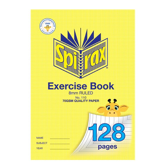 Spirax 110 A4 exercise book, yellow houndstooth cover marked 8mm ruled with 128 pages in blue and a cartoon giraffe above the corner
