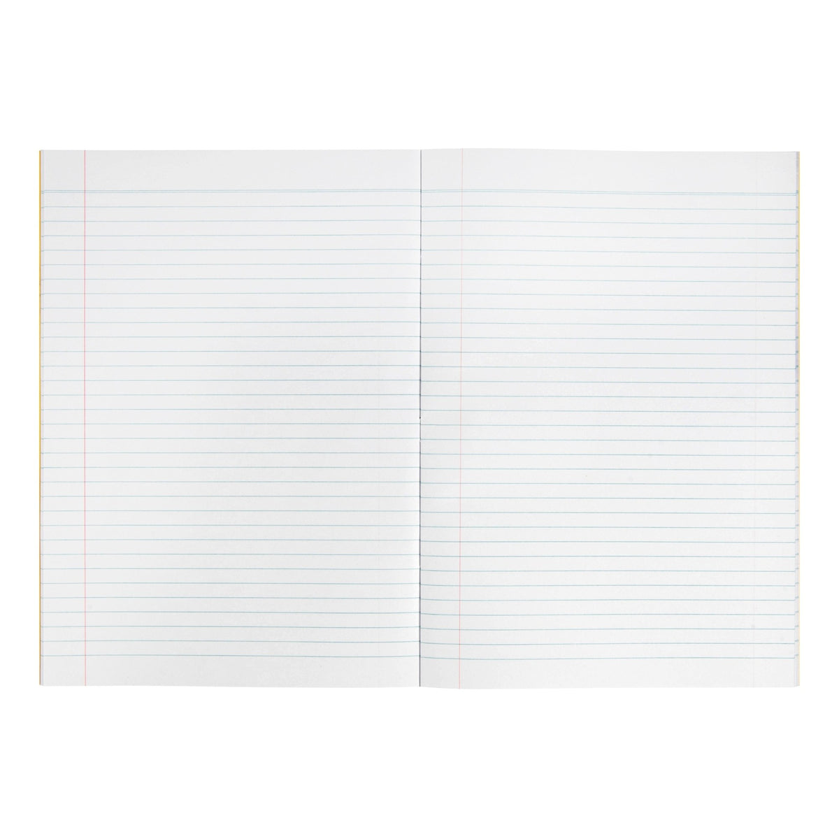 Spirax 110 exercise book lying open to show 8mm ruled blue lines across both pages, with a red margin line near the left edge