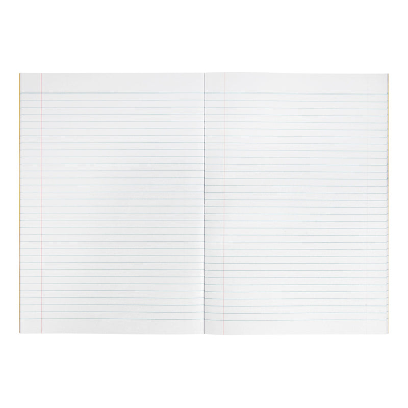 Spirax 110 exercise book lying open to show 8mm ruled blue lines across both pages, with a red margin line near the left edge