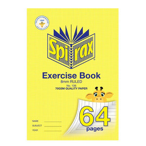 Spirax 106 A4 exercise book in the yellow houndstooth cover with a cartoon giraffe over the 64 pages corner, marked 8mm ruled