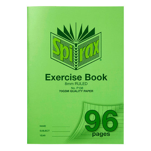Spirax P108 A4 exercise book with a green cover printed 8mm ruled and 70gsm quality paper, 96 pages on the turned corner
