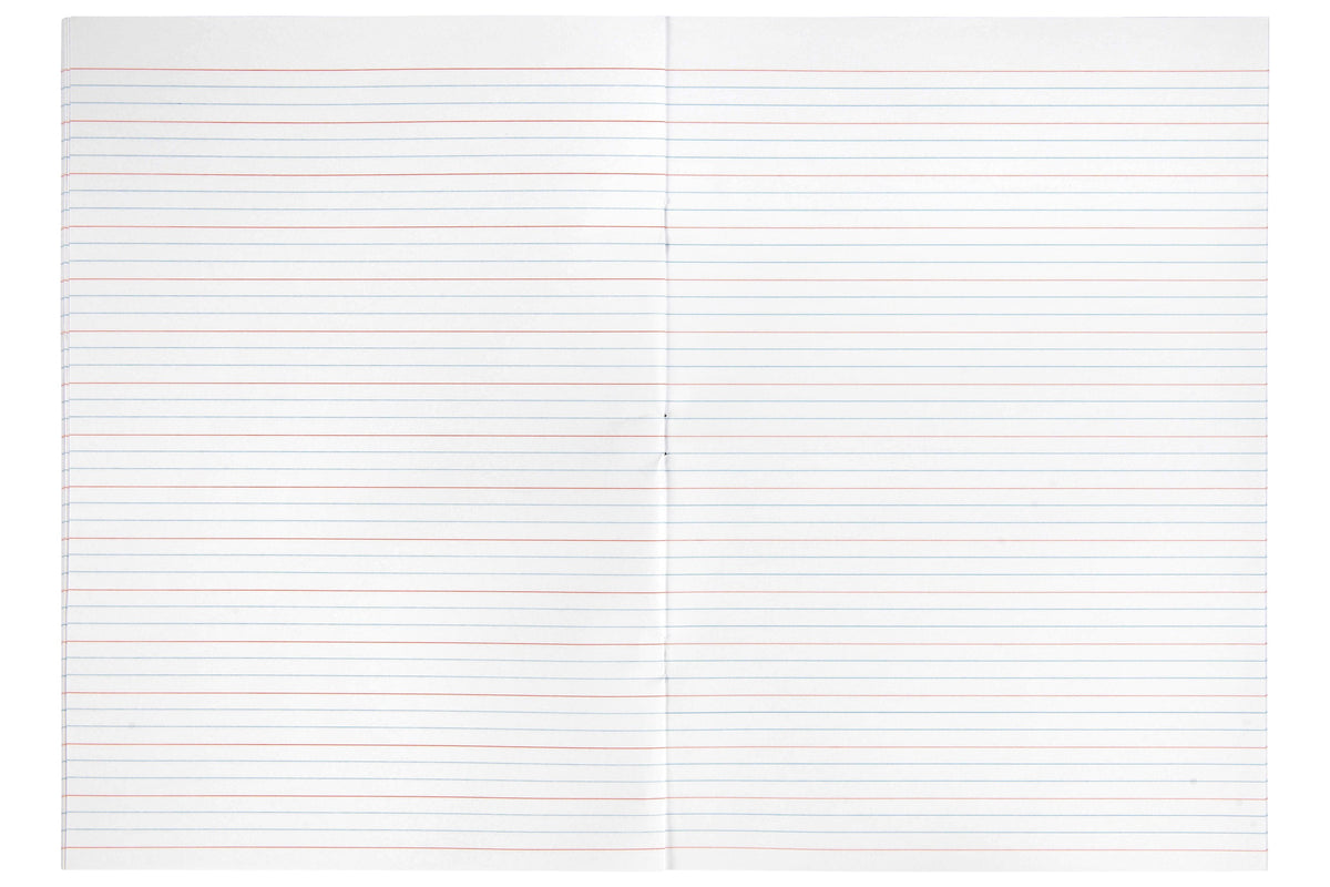 Open Spirax 204 A4 exercise book showing Year 2 QLD ruling with a red line followed by two blue lines, repeated down both pages