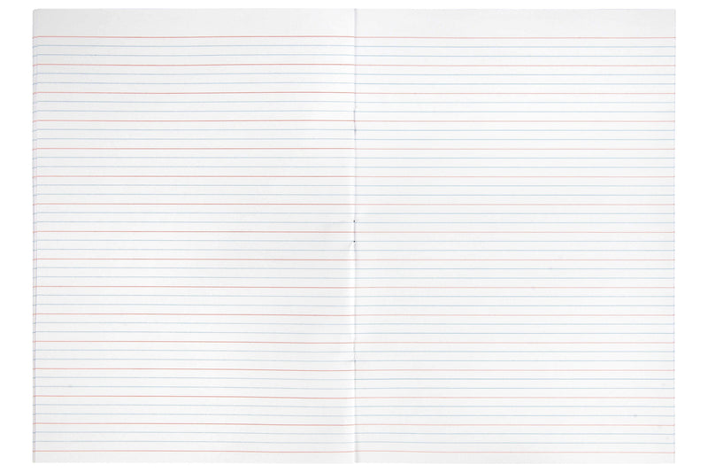 Open Spirax 204 A4 exercise book showing Year 2 QLD ruling with a red line followed by two blue lines, repeated down both pages