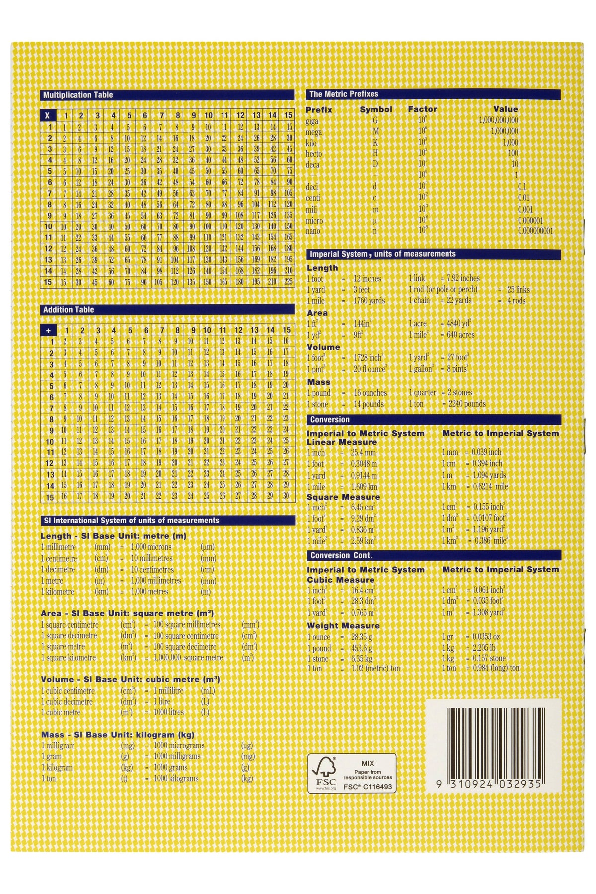 Back cover of the Spirax 204 exercise book in yellow with multiplication and addition tables, measurement conversion charts and a barcode