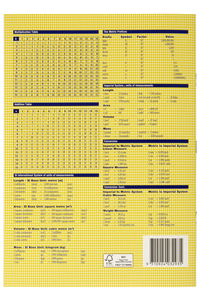 Back cover of the Spirax 204 exercise book in yellow with multiplication and addition tables, measurement conversion charts and a barcode