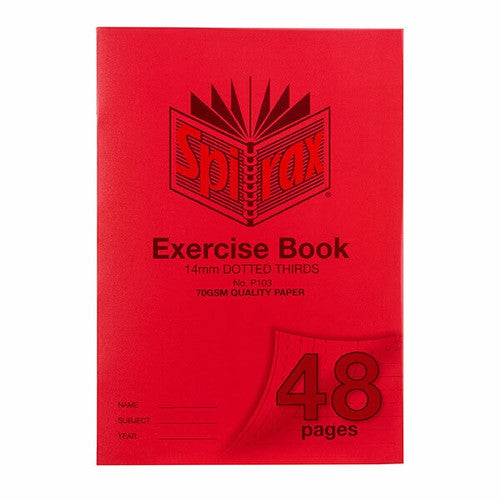 Spirax P103 A4 exercise book in a red polypropylene cover printed 14mm dotted thirds, No. P103 and 70gsm quality paper, with 48 pages on the corner