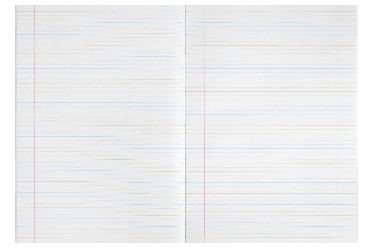 Open Spirax P103 exercise book showing both pages ruled in 14mm dotted thirds, with a red margin line down each page