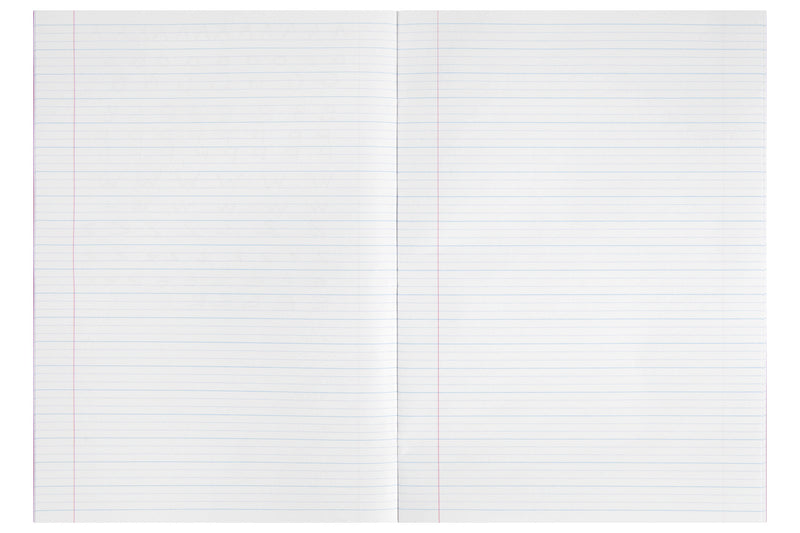 Open Spirax P103 exercise book showing both pages ruled in 14mm dotted thirds, with a red margin line down each page