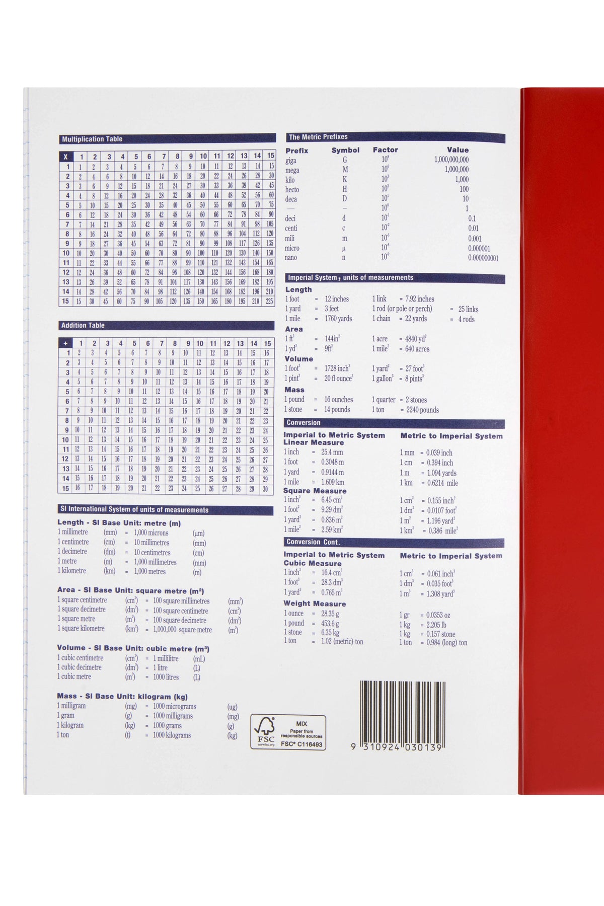 Back of the Spirax P103 exercise book with printed multiplication, addition and measurement tables and a barcode, the red polypropylene cover at the edge