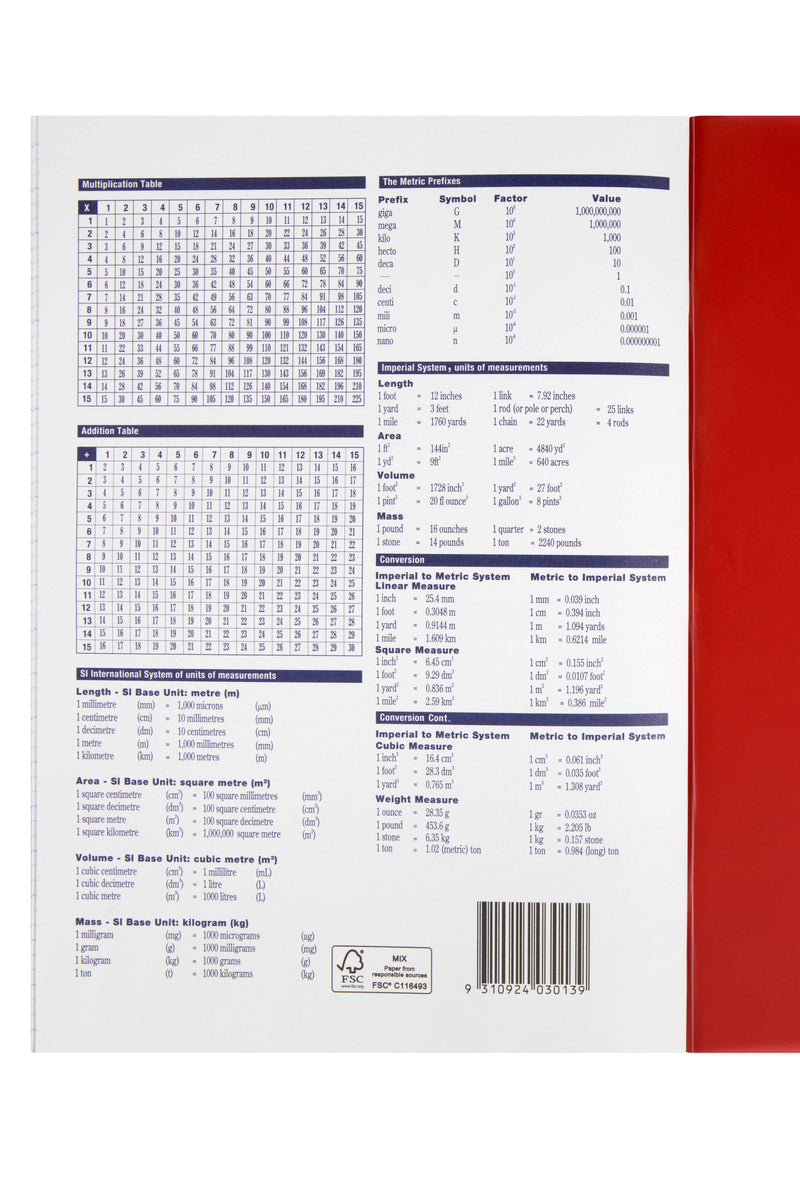 Back of the Spirax P103 exercise book with printed multiplication, addition and measurement tables and a barcode, the red polypropylene cover at the edge