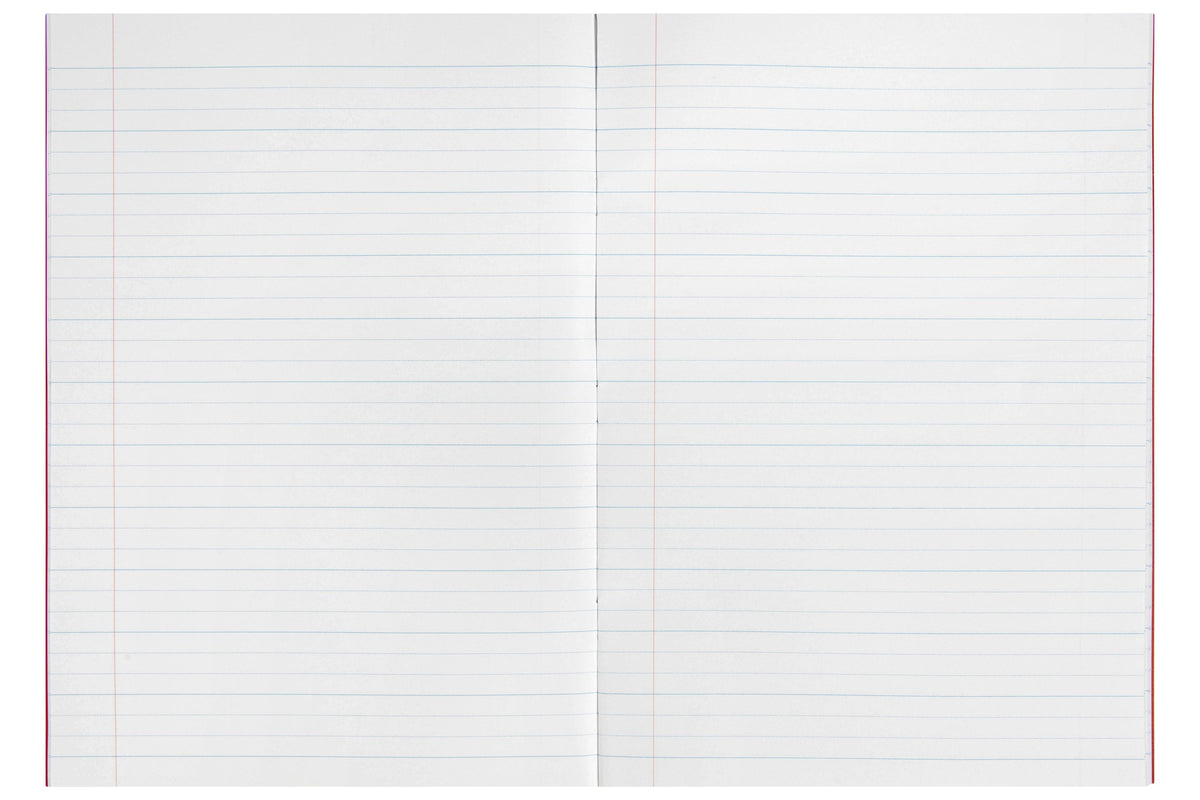 The Spirax P105 lying open at a double page ruled in 24mm dotted thirds, with a red margin line down the left of each page