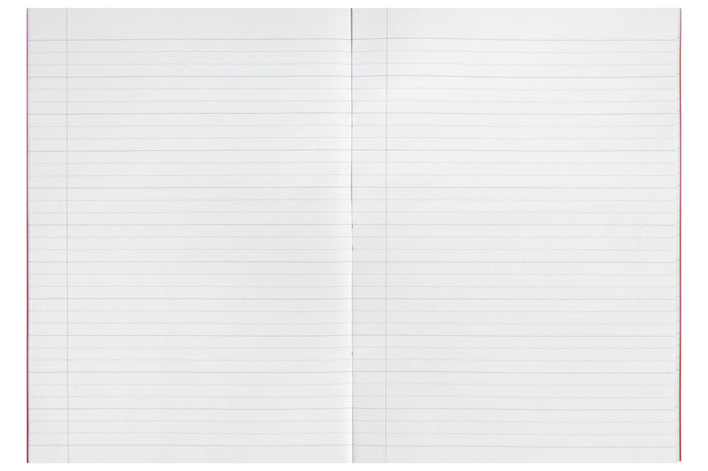 The Spirax P105 lying open at a double page ruled in 24mm dotted thirds, with a red margin line down the left of each page