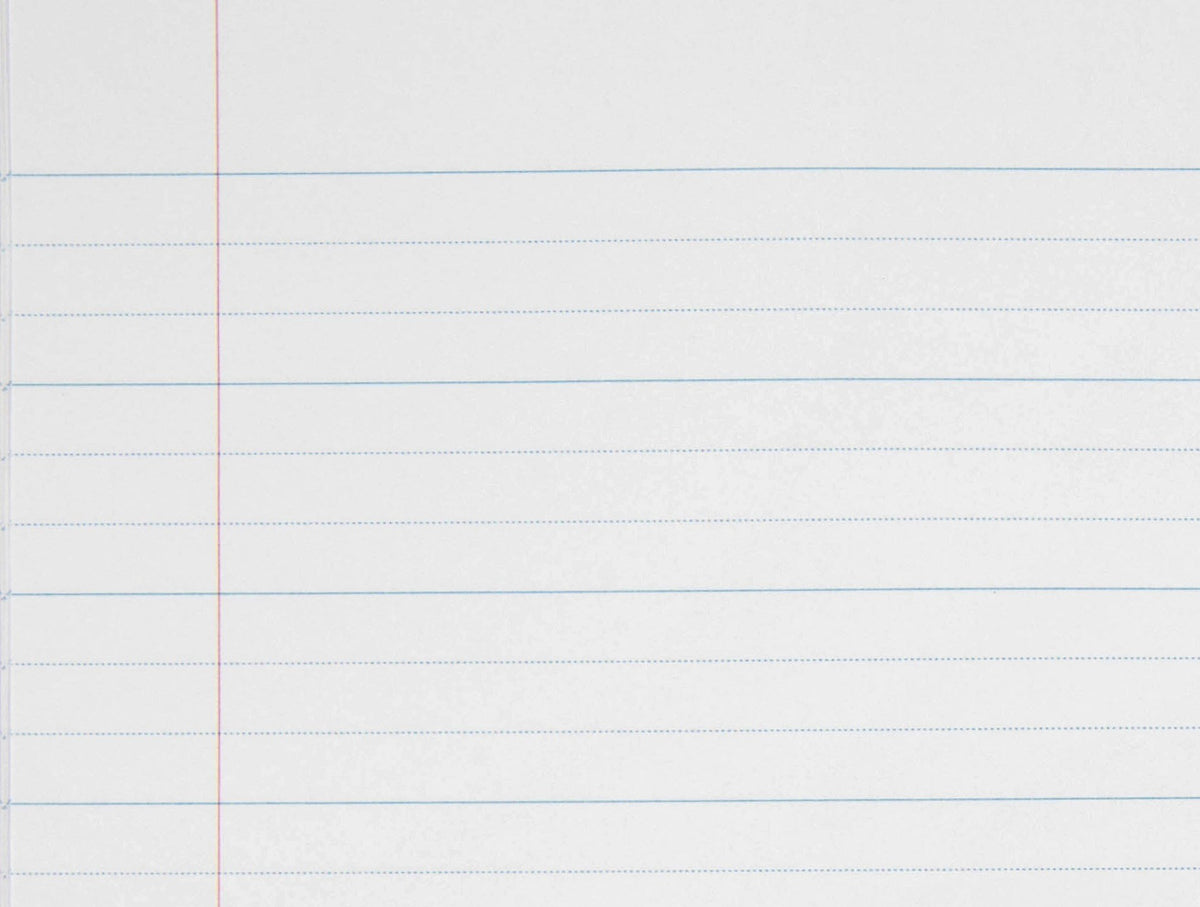 Close-up crop from the ACCO interior photo of the Spirax P105, showing solid blue lines 24mm apart with two dotted guide lines in each space and a red margin