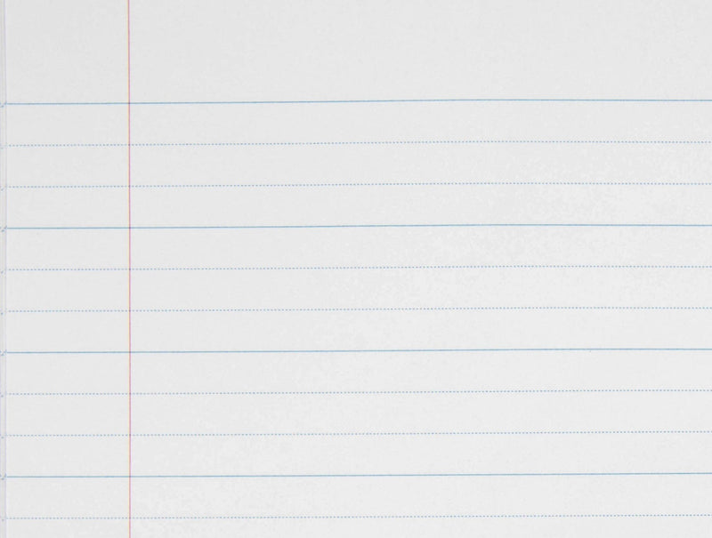Close-up crop from the ACCO interior photo of the Spirax P105, showing solid blue lines 24mm apart with two dotted guide lines in each space and a red margin