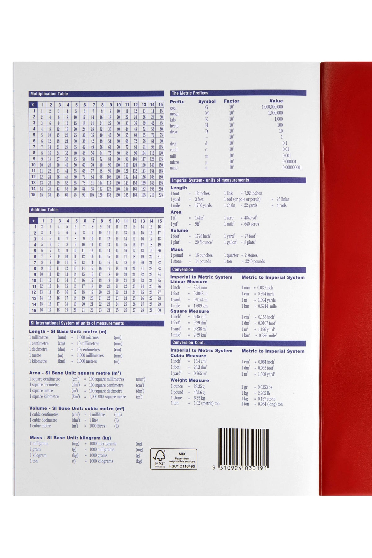 Printed times tables, addition table and measurement conversions on the back of the Spirax P105, with its barcode and red polypropylene cover edge