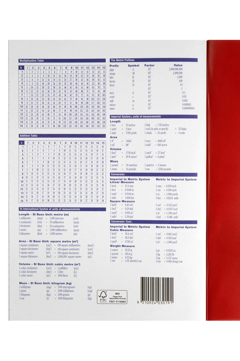 Printed times tables, addition table and measurement conversions on the back of the Spirax P105, with its barcode and red polypropylene cover edge
