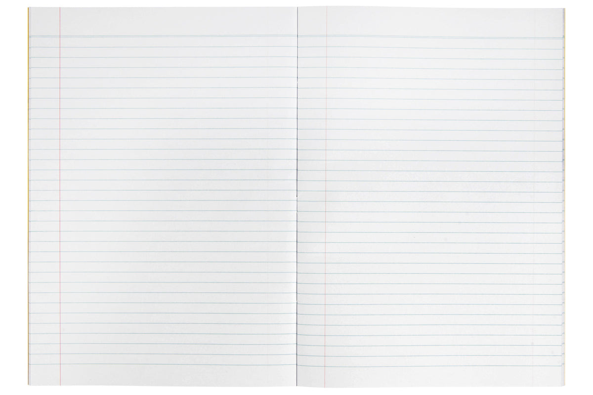 Spirax P106 exercise book open at a double page of 8mm ruled lines with red margin lines, the yellow polypropylene cover showing at the edge