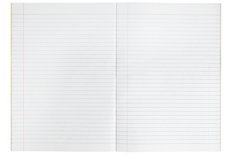 Spirax P106 exercise book open at a double page of 8mm ruled lines with red margin lines, the yellow polypropylene cover showing at the edge