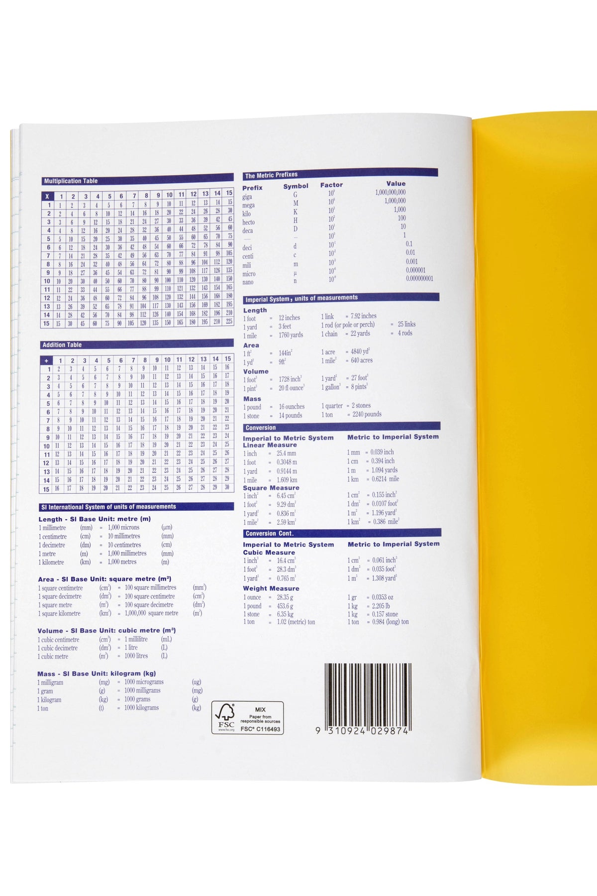 Back page of the Spirax P106 printed with maths tables, measurement conversions and a barcode, with the yellow polypropylene cover opened beside it