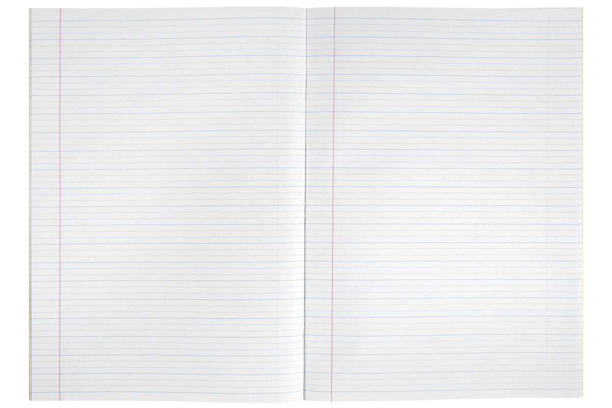 Open Spirax P107 exercise book showing both pages ruled in 14mm dotted thirds, with red margin lines running down each page