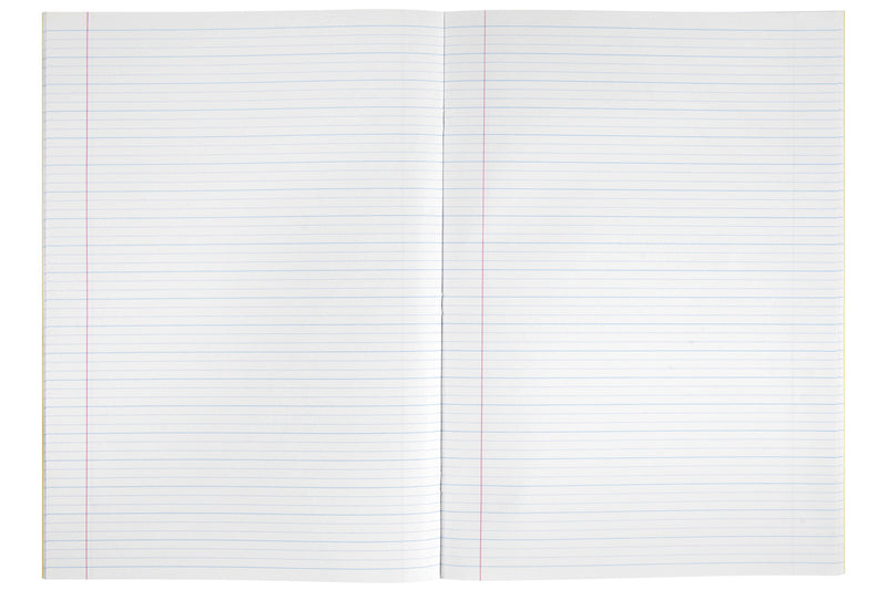 Open Spirax P107 exercise book showing both pages ruled in 14mm dotted thirds, with red margin lines running down each page
