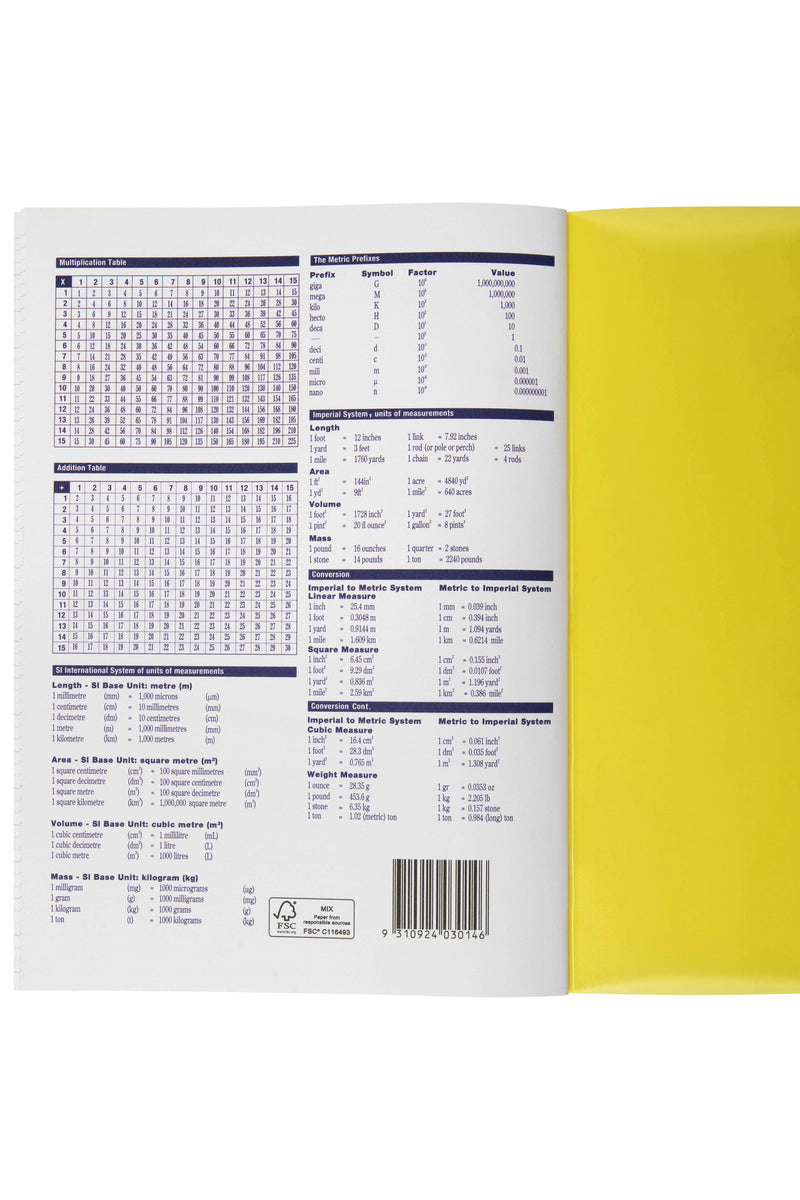 Back page of the Spirax P107 with multiplication, addition and measurement tables and a barcode, next to the yellow polypropylene cover