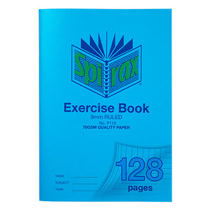 Spirax P110 A4 exercise book in a blue polypropylene cover printed 8mm ruled, No. P110 and 70gsm quality paper, with 128 pages on the turned corner