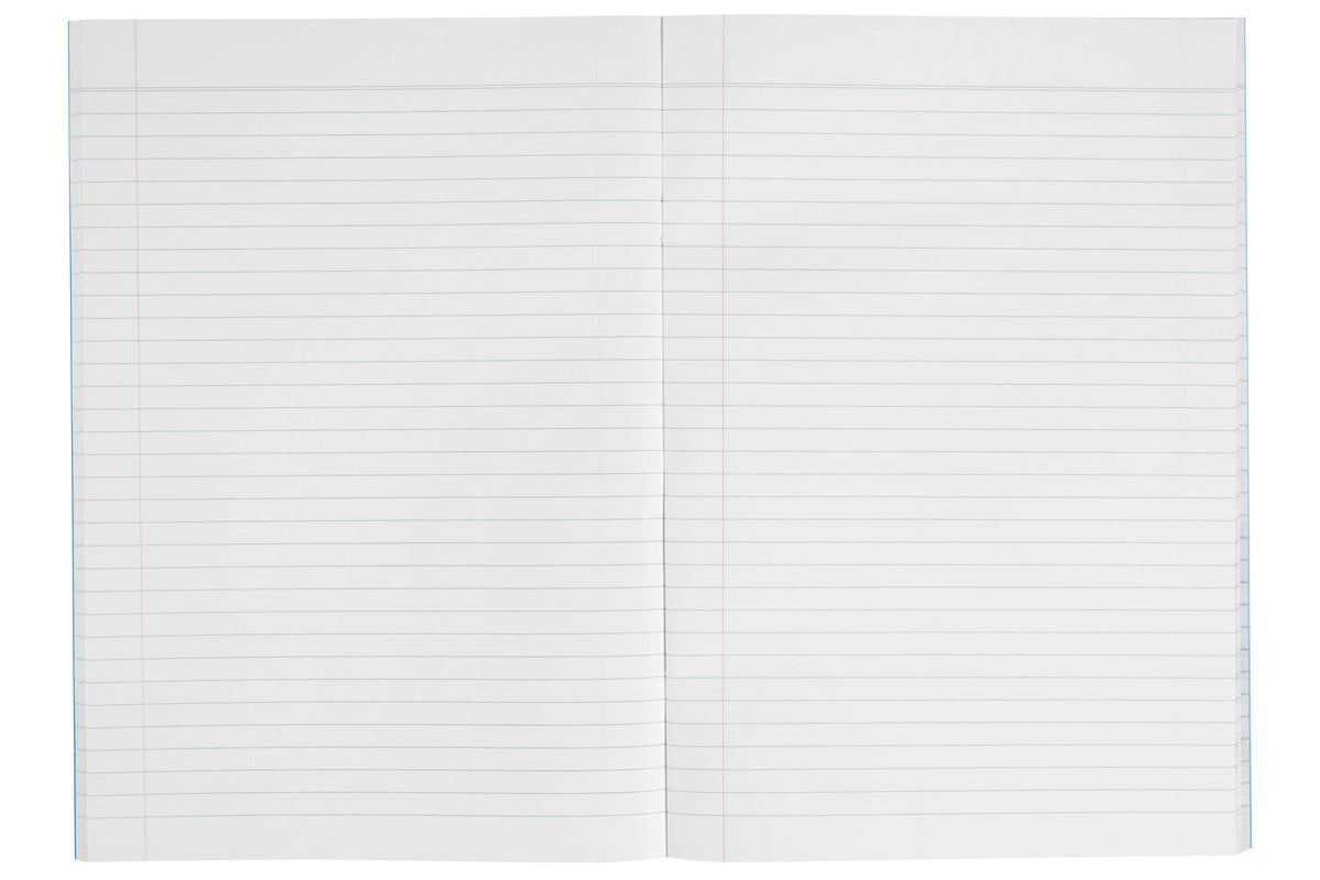 Open Spirax P110 exercise book showing 8mm ruled lines and red margin lines across a double page, with the blue polypropylene cover at the edge