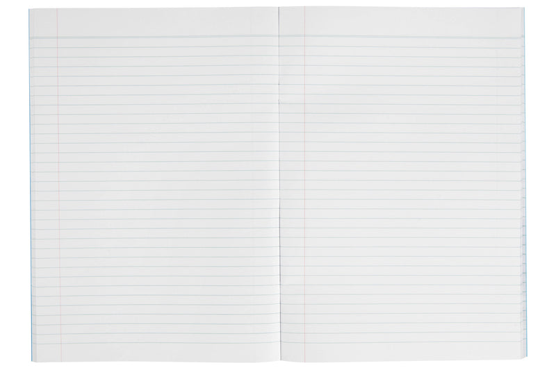 Open Spirax P110 exercise book showing 8mm ruled lines and red margin lines across a double page, with the blue polypropylene cover at the edge