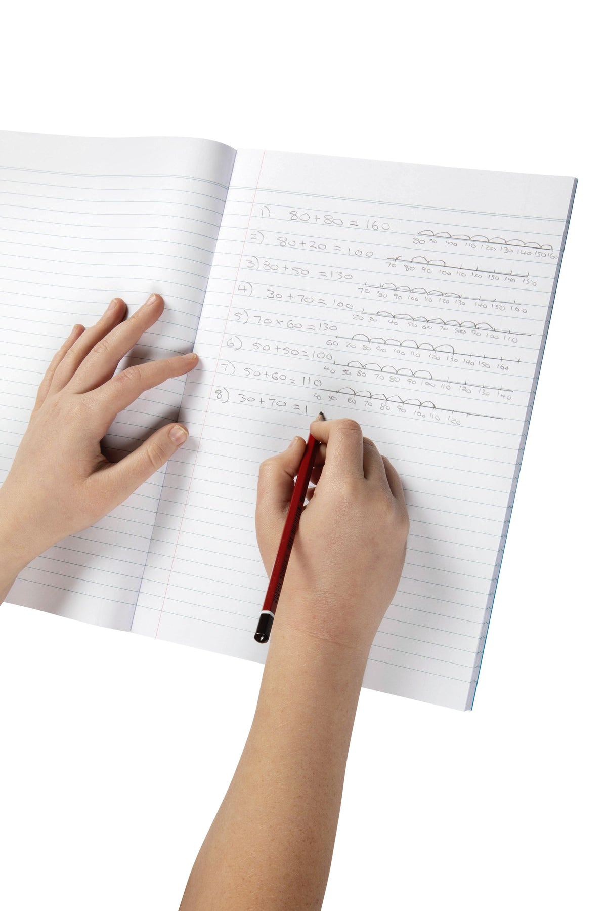 A student working number line addition sums in pencil on the 8mm ruled pages of an open Spirax P110 exercise book