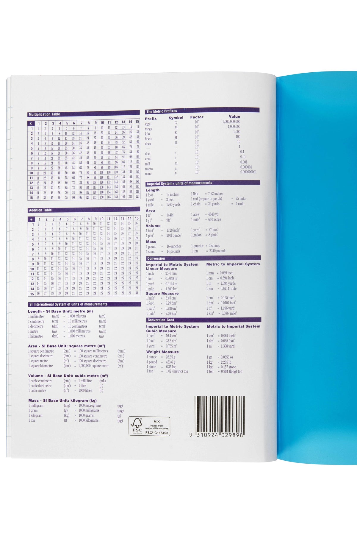 Back page of the Spirax P110 printed with maths and measurement tables and a barcode, with the blue polypropylene cover folded out beside it