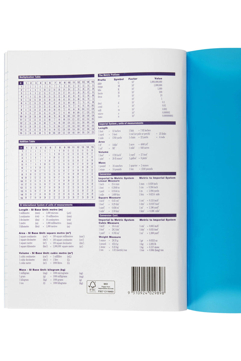 Back page of the Spirax P110 printed with maths and measurement tables and a barcode, with the blue polypropylene cover folded out beside it