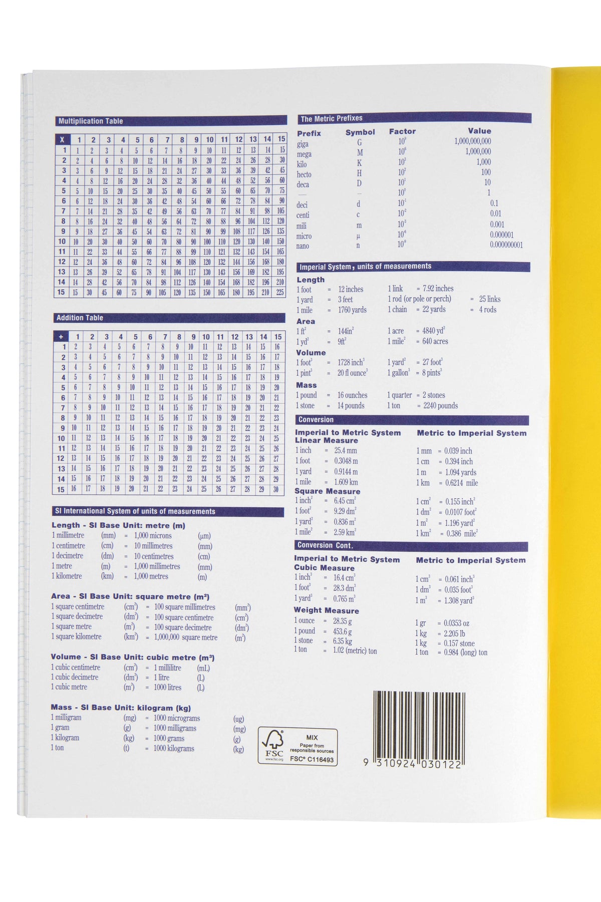 Back of the Spirax P115 exercise book with multiplication and addition tables, metric prefixes, measurement conversions and a barcode, yellow cover edge visible on the right