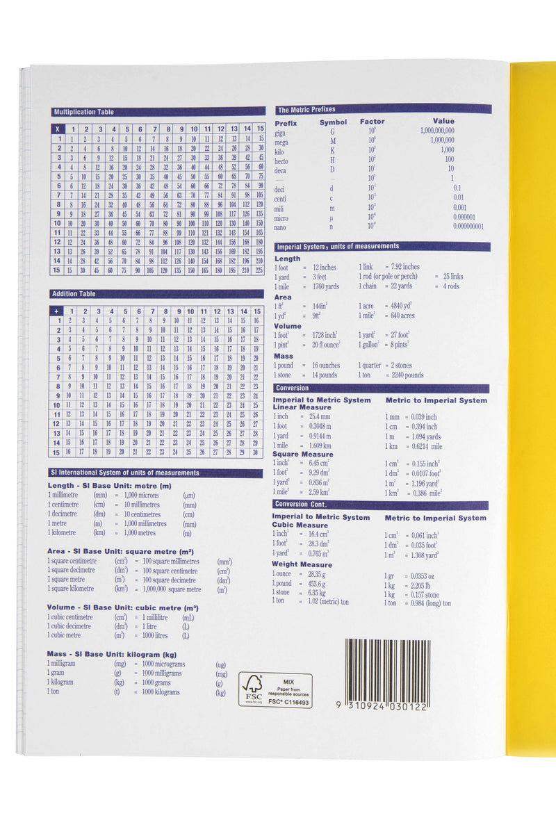 Back of the Spirax P115 exercise book with multiplication and addition tables, metric prefixes, measurement conversions and a barcode, yellow cover edge visible on the right