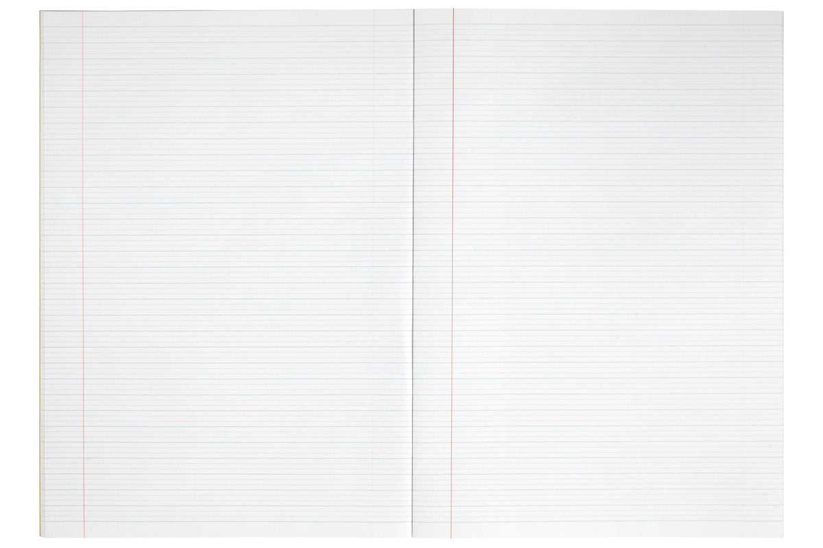 Open Spirax P115 A4 exercise book showing a blank double page of 9mm dotted thirds, solid blue lines with two dotted guide lines between them and a red margin line on each page