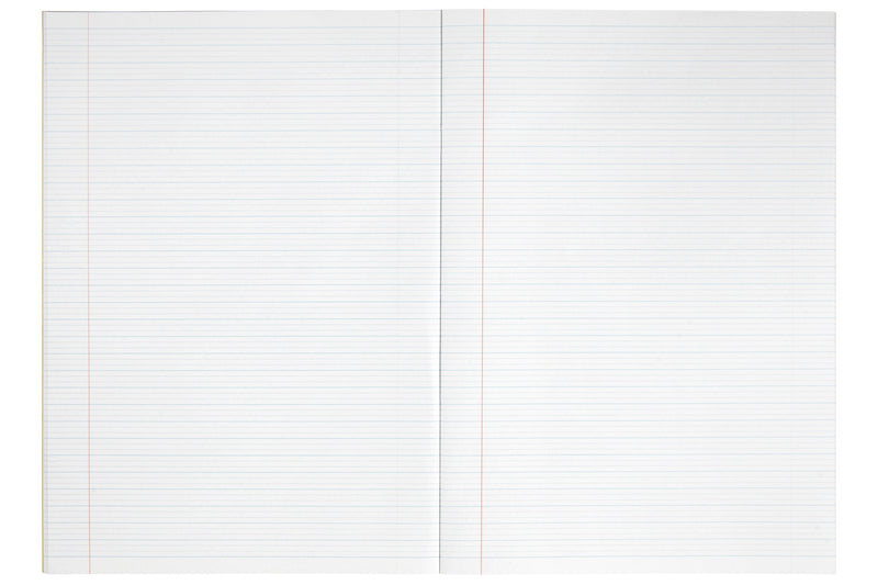 Open Spirax P115 A4 exercise book showing a blank double page of 9mm dotted thirds, solid blue lines with two dotted guide lines between them and a red margin line on each page