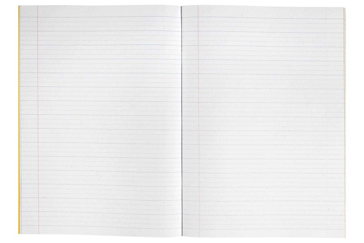 Open Spirax P116 A4 exercise book showing a blank double page of 18mm dotted thirds, solid blue lines with two dotted guide lines between each pair and a red margin on each page