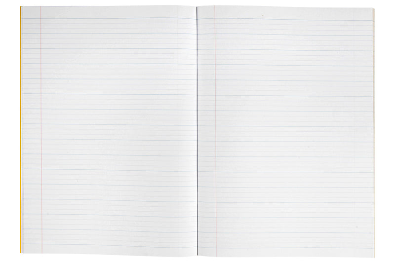 Open Spirax P116 A4 exercise book showing a blank double page of 18mm dotted thirds, solid blue lines with two dotted guide lines between each pair and a red margin on each page